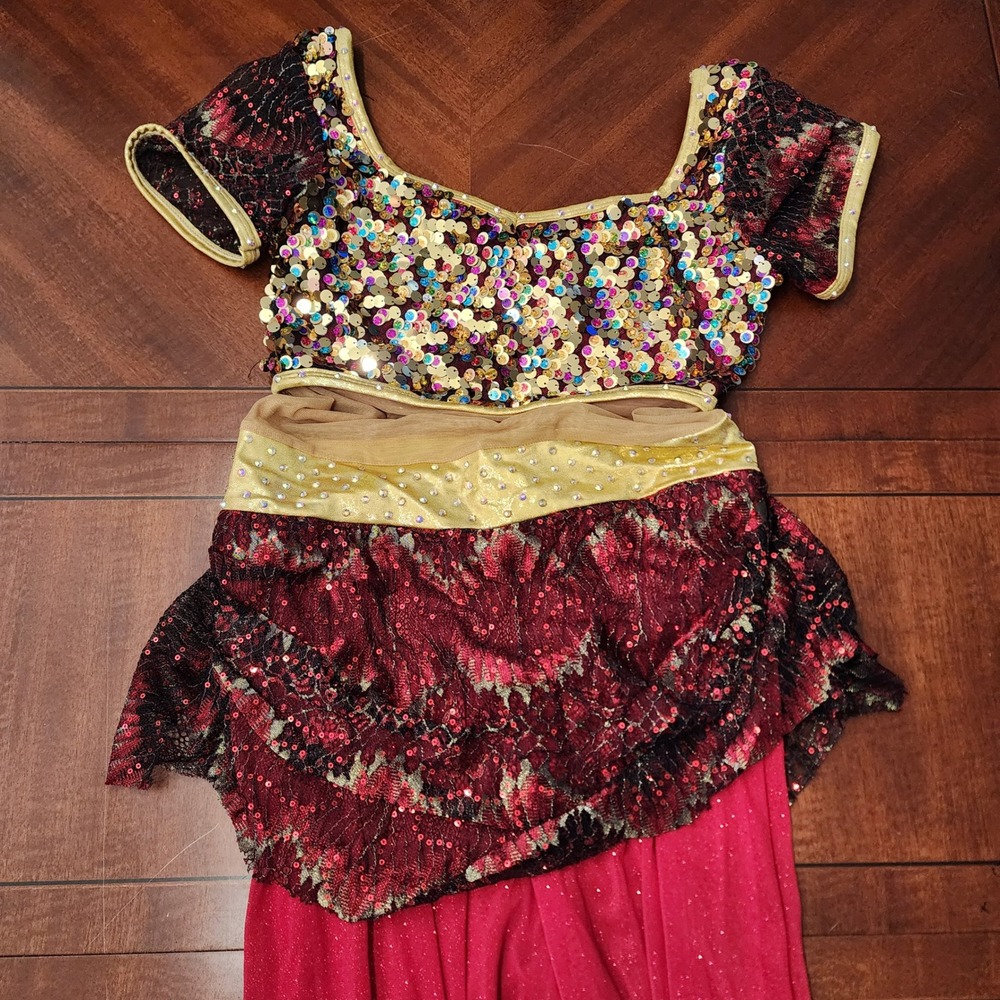 A Wish Come True Dance Costume Womens Small Red Gold Sequin Bollywood Dance - Picture 2 of 8
